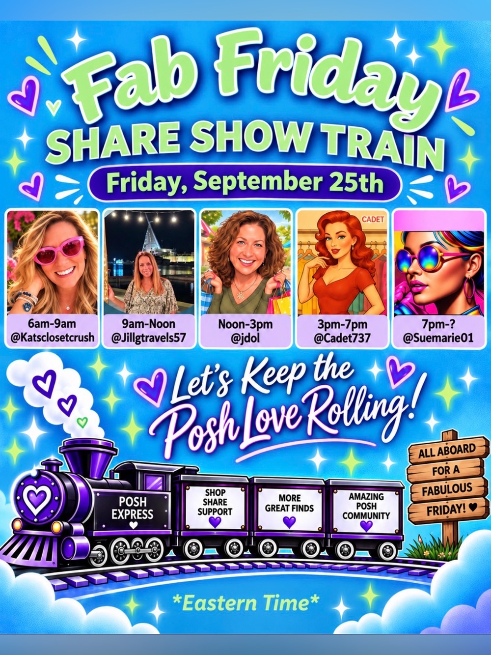 Express Fab Friday Share Show Train Poster - Blue & Purple